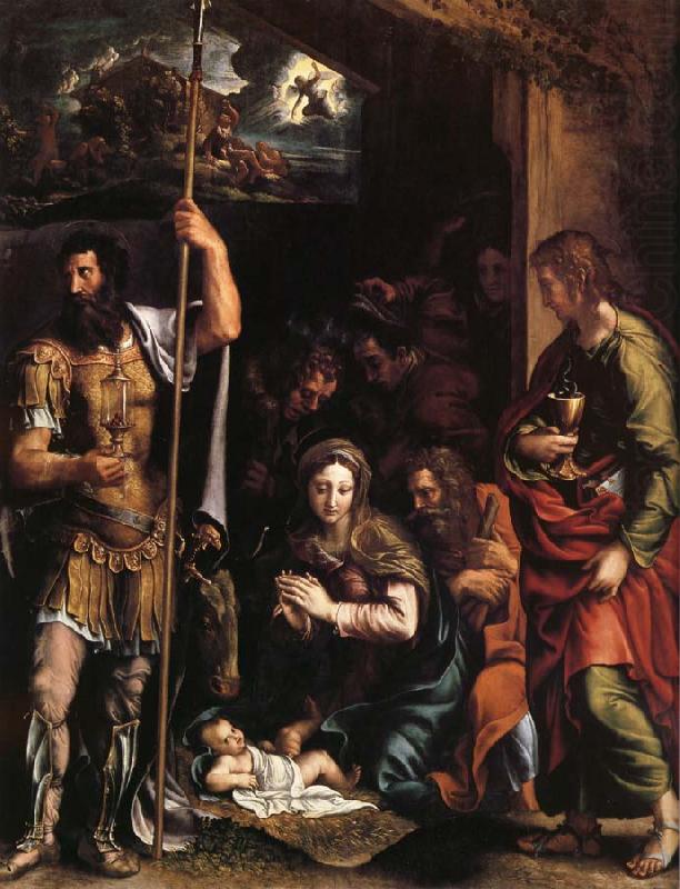 La nativite de l'enfant jesus avec l'adoration des bergers entre Saint Jean l'Evangeliste et Saint Longin, Giulio Romano